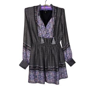 AQUA mini dress Large long sleeve tasseled‎ tie front Boho Peasant Flirty Fairy